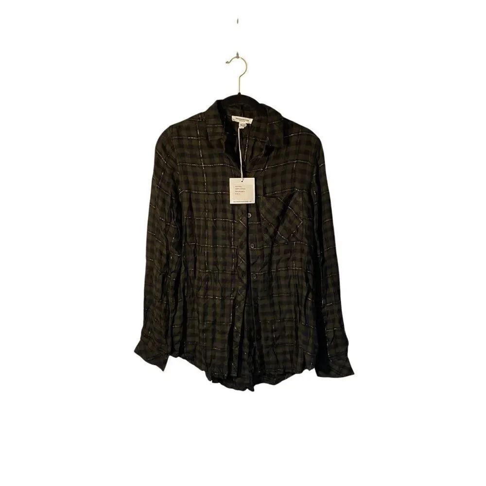 NWT beach lunch lounge women’s green metallic thread flannel shirt S/mall
